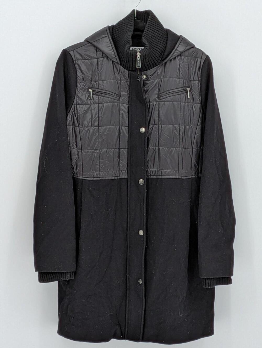 DKNY Size 12 Black Mixed Media Hooded Wool Blend Quilted Mid Length Winter Coat
